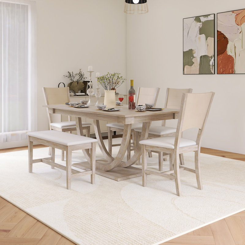 6-Piece Wood Half Round Dining Table Set Kitchen Table Set, Natural/White