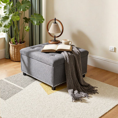 Elegant Light Gray Storage Ottoman with Tufted Design & Nailhead Trim – Perfect Coffee Table & Hidden Storage for Living Room & Bedroom
