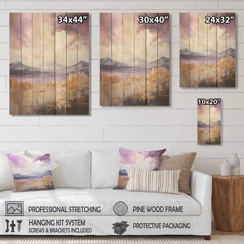 Paysage de montagne mauve et doré I - Paysage abstrait sur bois, H 20 po x l 10 po
