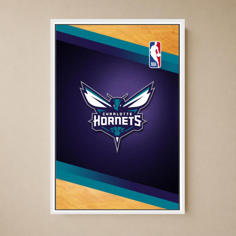 Charlotte Hornets NBA, art mural, H 60 po x l 40 po, Cadre flottant biseauté, Blanc