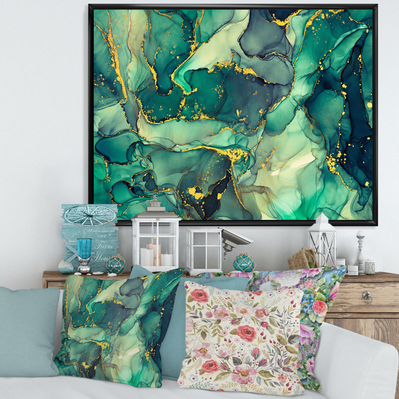 «Green Luxury Abstract Fluid Art IV», reproduction d'art sur toile moderne, H 34 po x l 44 po, Cadre flottant noir