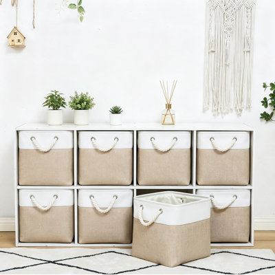 Bacs de rangement 11 x 11 pouces, 8 bacs de rangement pliables avec tissu imperméable, grands cubes de rangement avec poignées en corde pour le placard, vêtements de rangement, jouets, livres, blanc et beige