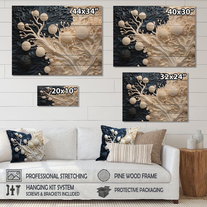 Art mural en bois blanc et bleu corail I - Coastal Coral Under Water Wood, H 24 po x l 32 po