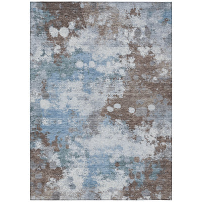 10' X 14' Brown And Sky Blue Abstract Washable Indoor Outdoor Area Rug