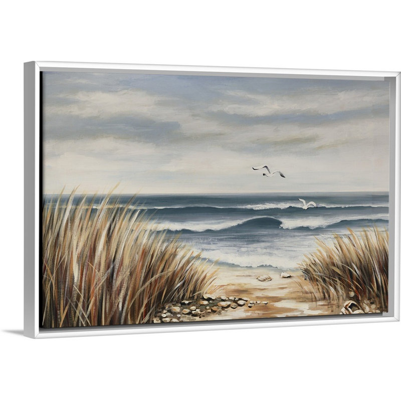 « seascape beach », peinture sur toile, H 13,7 po x l 19,7 po x p 1,75 po, Cadre flottant blanc