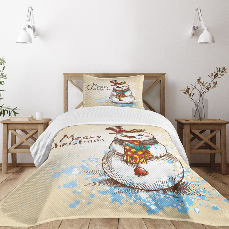 Twin White Polyester Snowman Bedspread Set for Kids