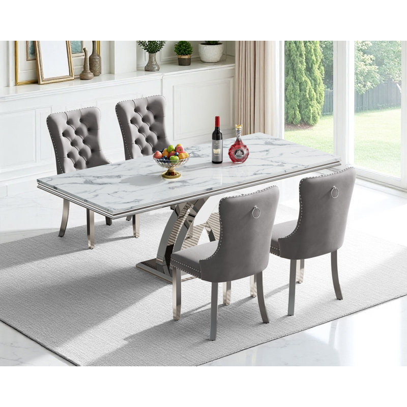 Modern 68.11" Faux Marble Dining Table Set , White Marble Dining Table with Velvet Dining Chairs, Dining Room Table and Chairs Set, Luxury Dining Table Set for Kitchen Dining