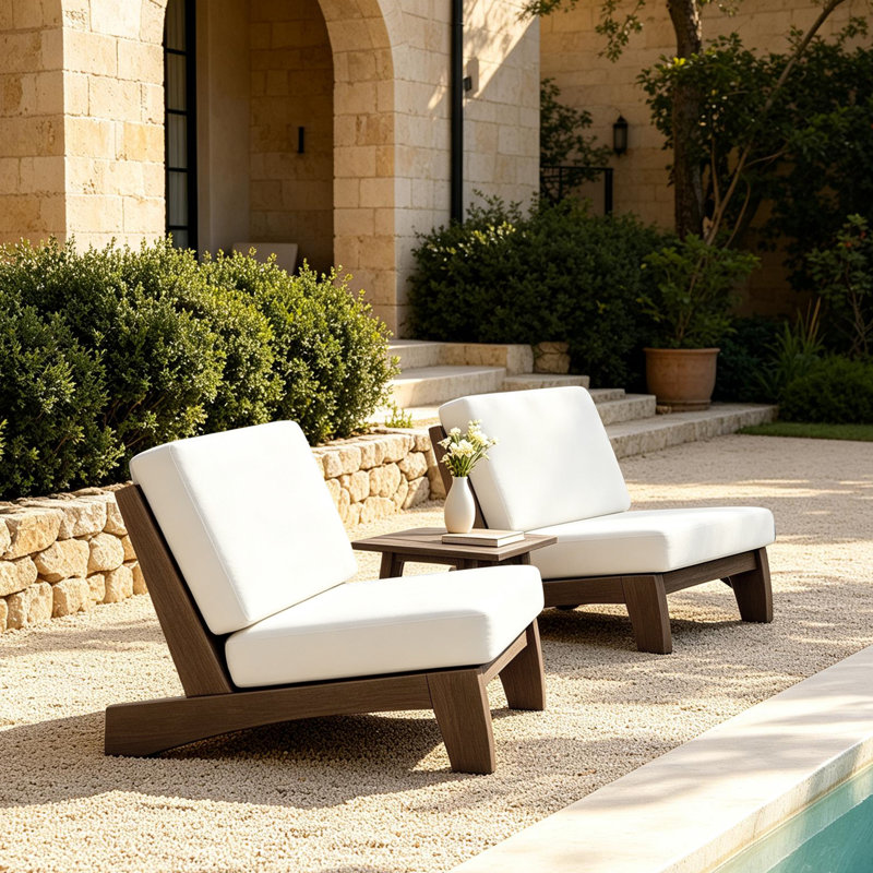 Polett All-Weather 2-Person Solid Teak Patio Set, Complete Outdoor Seating Group with Armless Chairs, Cushions & Side Table