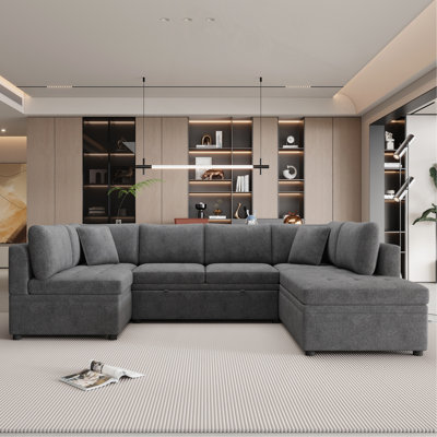 Canapé-lit modulaire surdimensionné en U de 117,3 po avec deux coussins décoratifs pour salon, gris