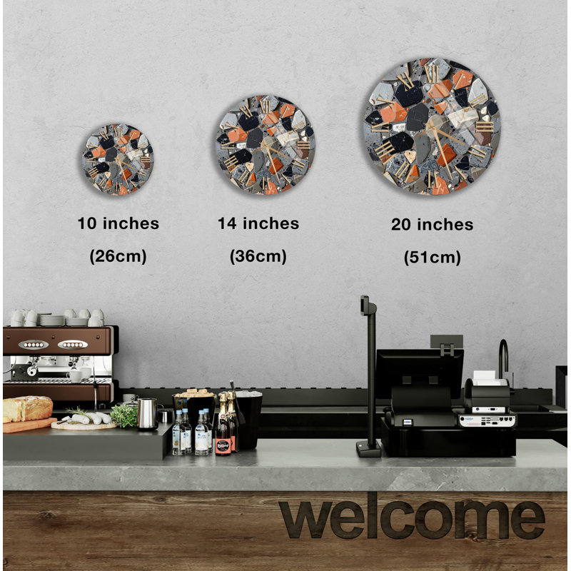 Horloge murale Terrazzo, motif de pierre moderne, décor en verre trempé pour la cuisine, montre mosaïque colorée, idée de cadeau de pendaison de crémaillère unique