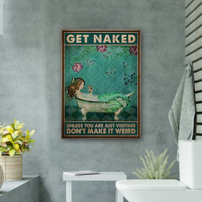 Brown Hair Mermaid - Get Naked Gallery Wrapped Canvas - Bath And Laundry Illustration Decor, Purple And Turquoise Bathroom Decor