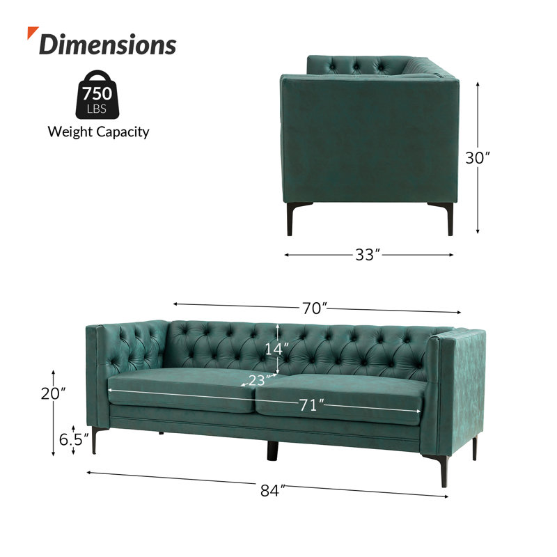 Brinna Upholstered Button-Tufted Sofa with Metal Legs, Dark Green