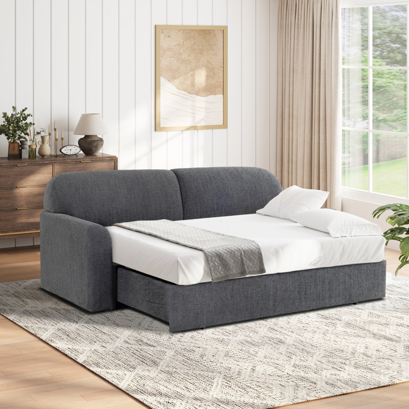 Serta® Willard 89.6” Full Sleeper Sofa Modern Boho Easy Assembly Dream Coil Comfort Chenille Fabric, Charcoal