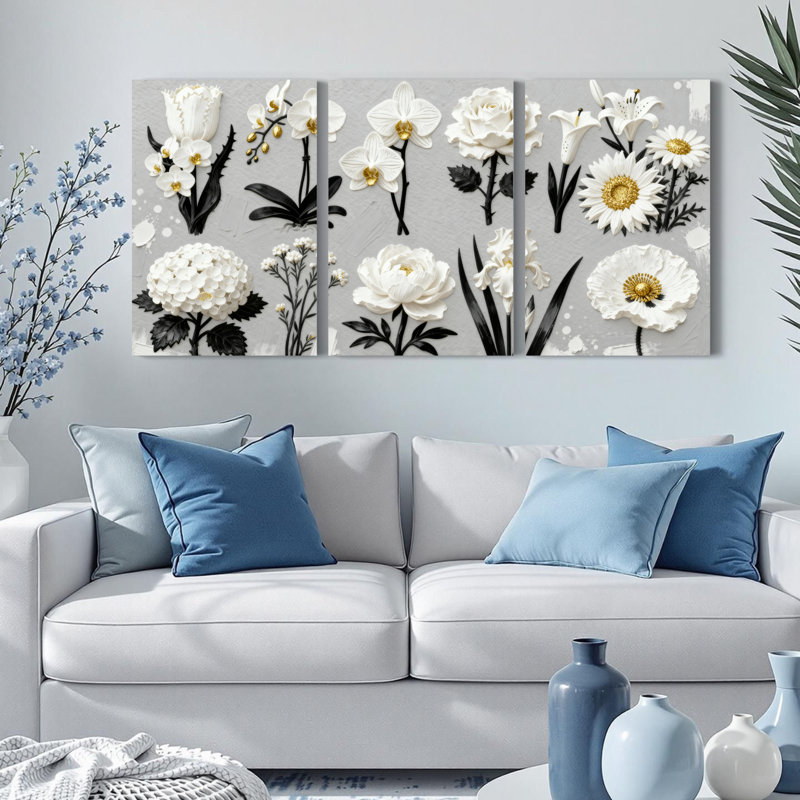 "White Floral Botanical Canvas", ensemble de 3 impressions murales sur toile en relief, H 18 po x l 36 po