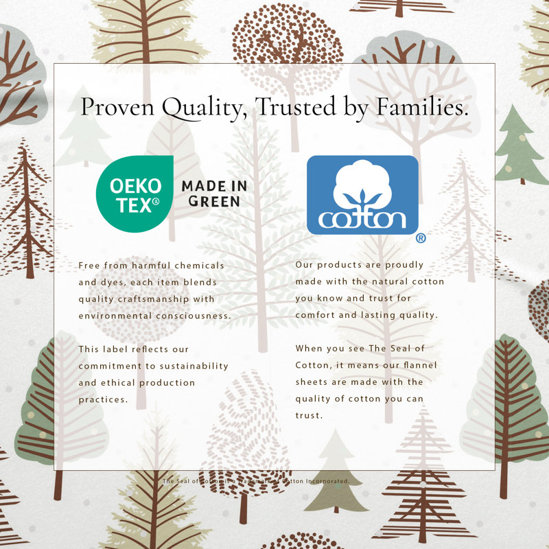 100% Turkish Cotton Winter Flannel Sheet Set, Queen with 2 Pillowcases, Snowy Forest
