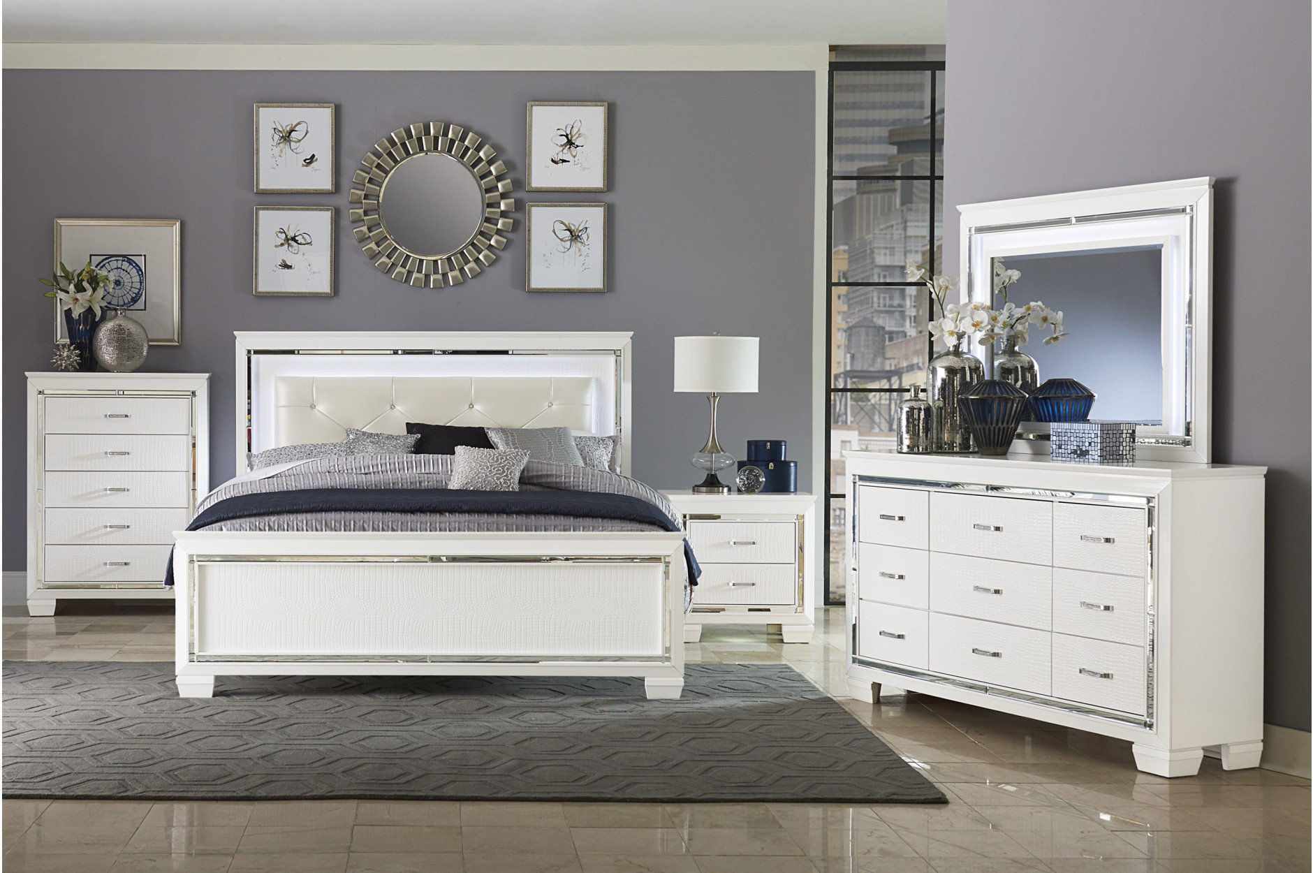 White Faux Leather King Size Platform Bed and Matching Footboard With  Mirrors 