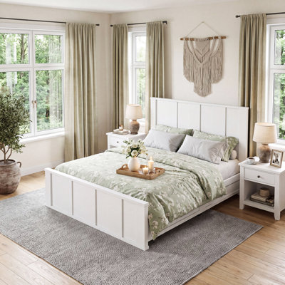 King Size Farmhouse‑Style Bed Frame, Wood Platform Bed Featuring 50‑Inch Tall Headboard And 16.4‑Inch Tall Footboard, Noise‑Free Wood Slats, Box‑Spring Not Required, White