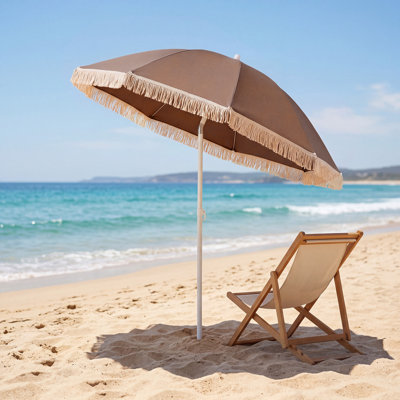 Patio Umbrella with Fringe, Boho Tassel Umbrella for Outdoor Beach Garden Poolside Beige+White