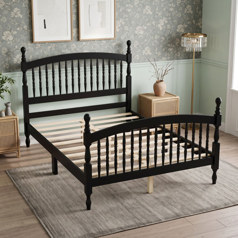 Lit plateforme en bois avec tête et pied de lit à tige Windsor, Lit double, Noir