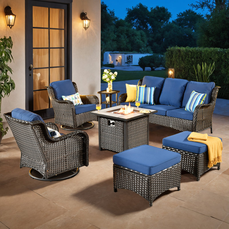 Wicker/Rattan 5 - Person Seating Group With Cushions, Brown Frame/Navy Cushion