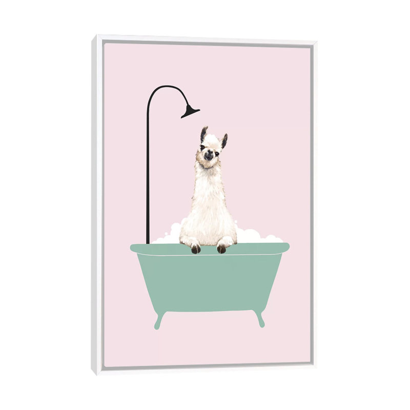 Lama profitant d'un bain moussant, H 40 po x l 26 po x P 1,5 po, Toile blanche encadrée