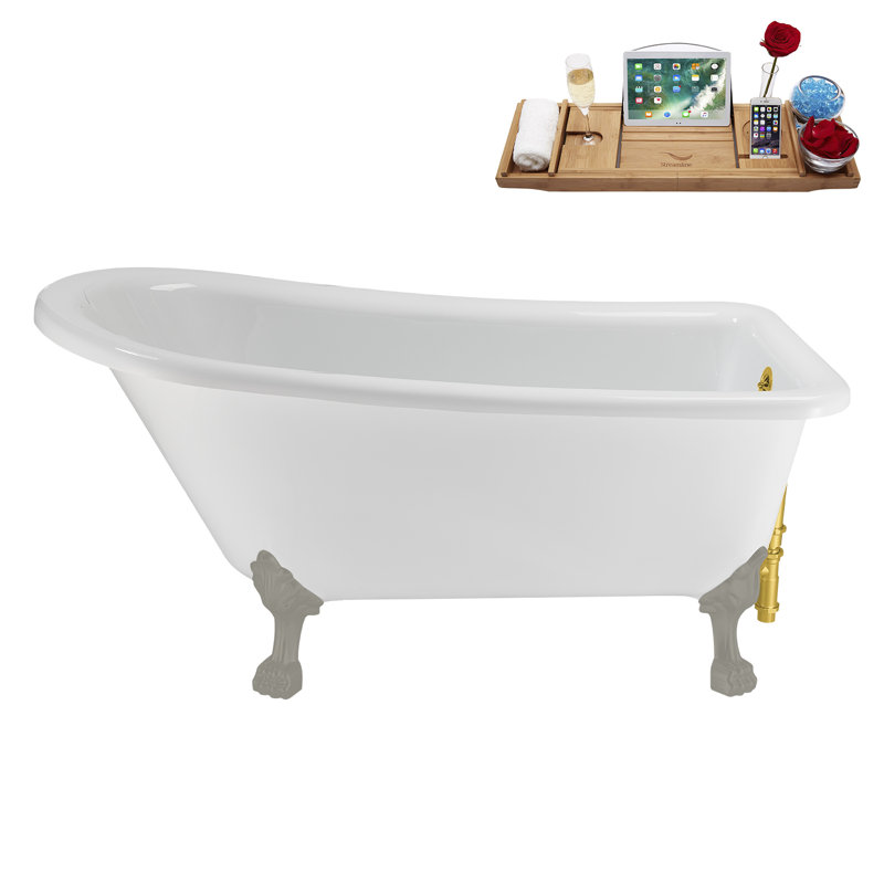 58" Streamlin Clawfoot Tub,Tray,Drain, Clawfeet, Brushed Gun Metal, Polished Gold