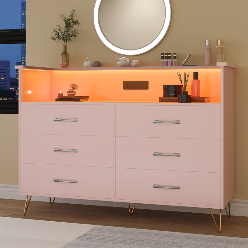 Commode 6 tiroirs en bois avec lumières DEL et station de charge, commode de rangement moderne pour chambre à coucher, placard, salon, couloir et entrée