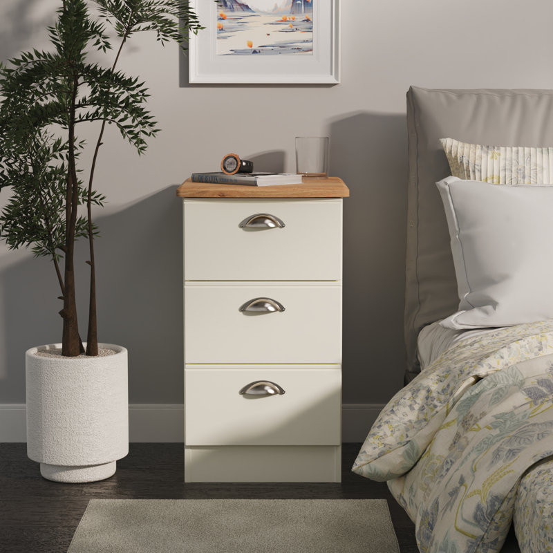 Fully Assembled Murier 3 Drawer Bedside Table, Cream Ash/Riviera Oak