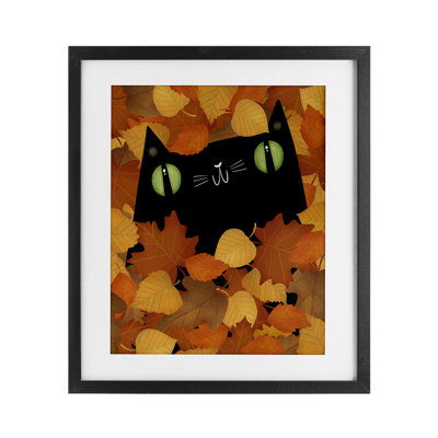 «Whimsical Cat Peeking Fall Leaves», reproduction encadrée sous verre, design par Gabriela Avila