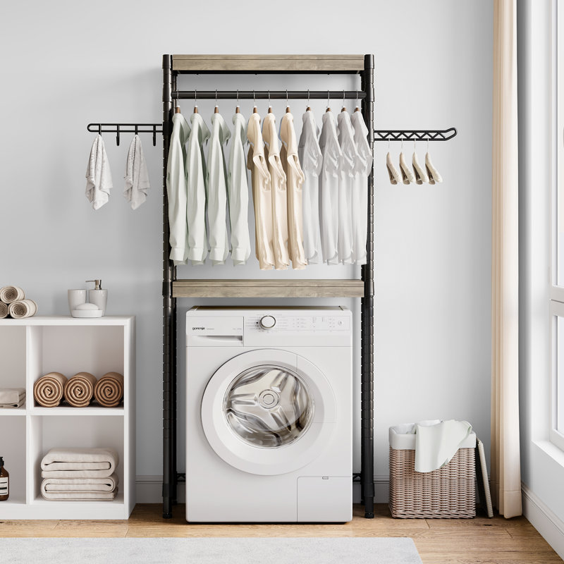 Over Washer and Dryer Shelf Unit, 2-Tier Adjustable Laundry Rack with Hooks, Heavy-Duty Steel and Wood Storage