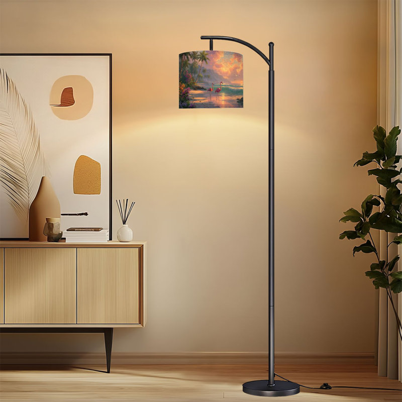 Lampe sur pied à arc avec abat-jour ajustable Serene Tropical Beach Flamants dorés Sunrise Vibrant Flowers
