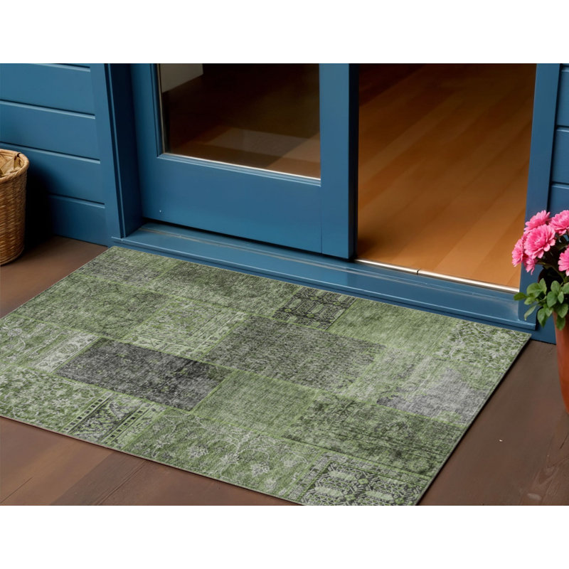 3' X 5' Olive Green And Gray Patchwork Washable Indoor Outdoor Area Rug