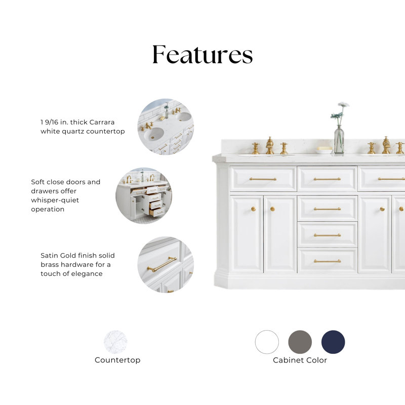 Palace 60'' W Double Vanity, Pure White, Satin Brass