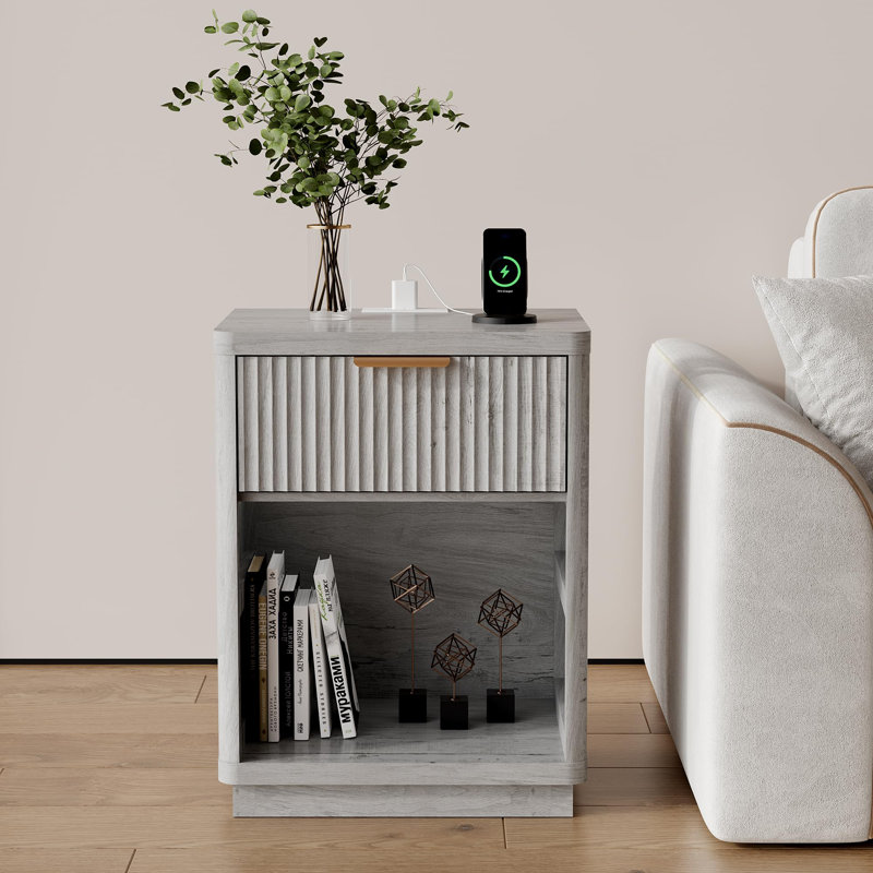 Table de chevet cannelée avec station de charge, table de chevet cannelée moderne Mid-Century, Gray 1 Drawer