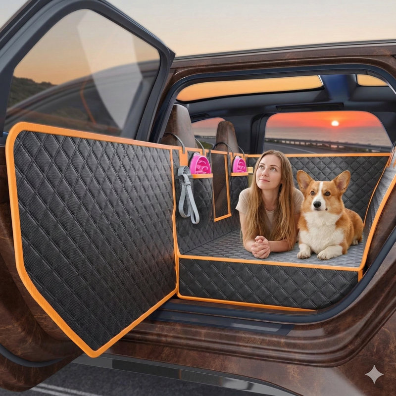 Housse de siège arrière pour canins avec base rigide et protecteurs de panneau de porte intégrés, système d'extension de siège imperméable pour chiens, propriétés anti-rayures, convient aux voitures.