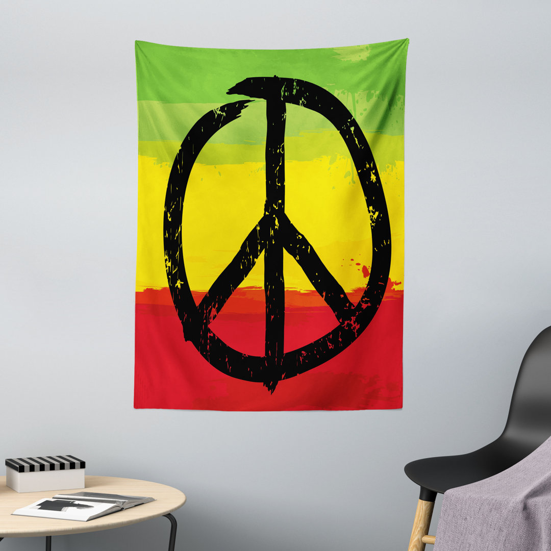 Wandteppich, Grunge Hippie Peace Zeichen, Gelb Schwarz