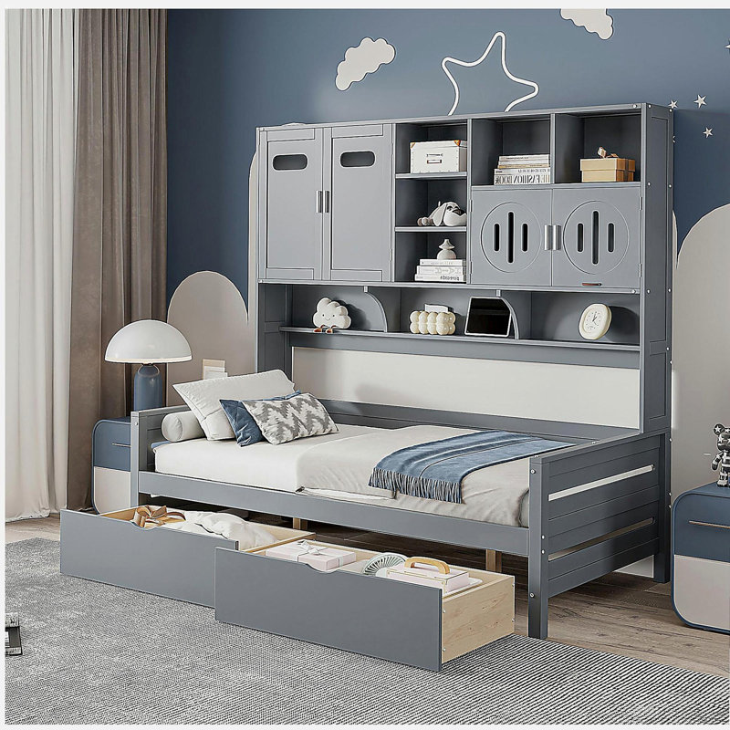 Un lit japonais en bois avec tiroirs et garde-robe intégré, Lit simple, Gris