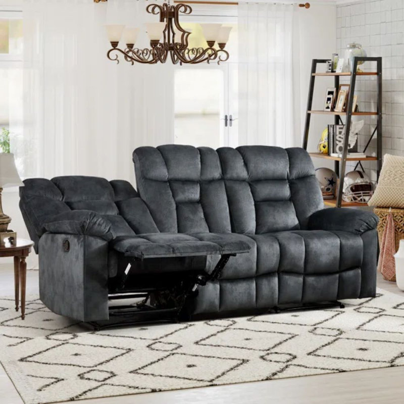 Modern 3-Seat Manual Reclining Sofa With Soft Upholstery & Overstuffed Cushions, Greenish Gray