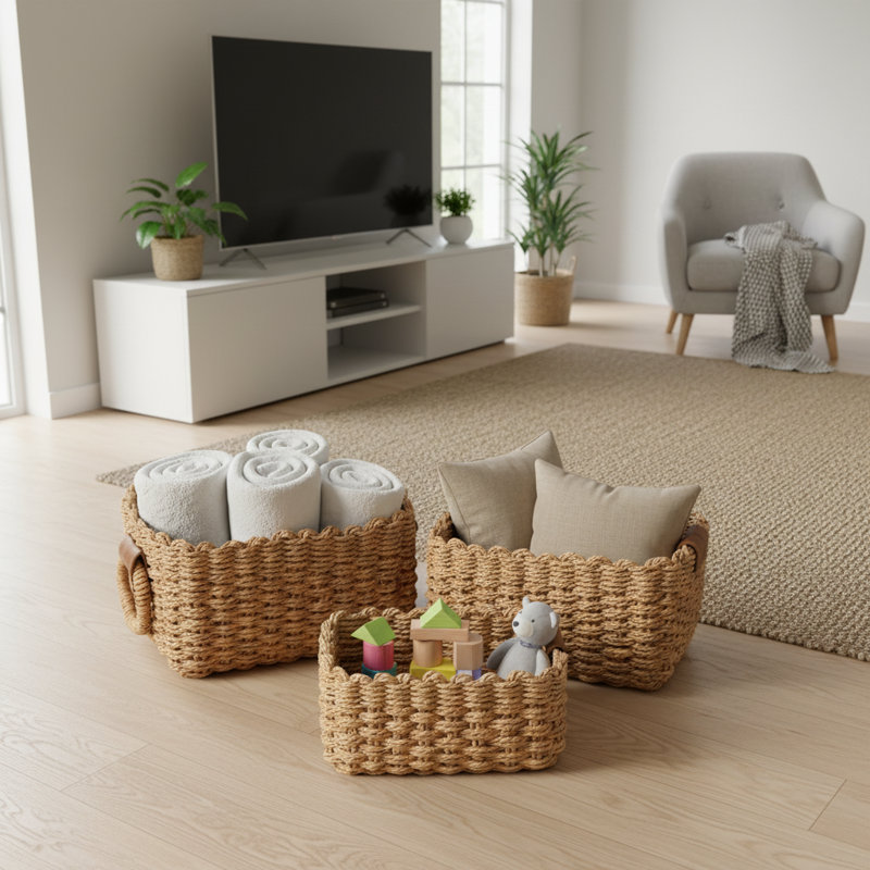 Light Brown Small Wicker Storage Basket 3-Pack, Recycled Paper Rope, Fits Shelves Bathroom Cabinets Drawers, Light Brown