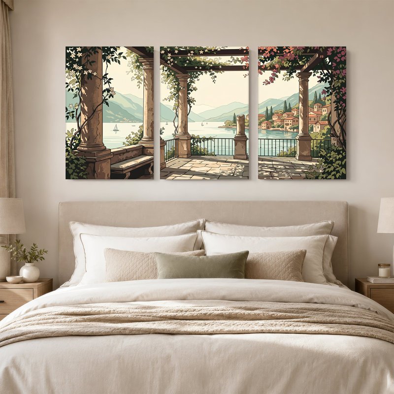 Pergola en pierre avec vignes et vue sur le lac, ensemble de 3 toiles, 24"H x 16"W x 3pcs