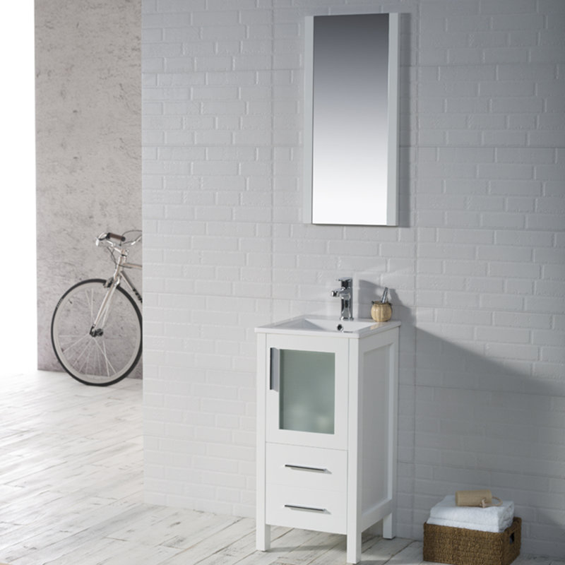 Ensemble de meuble-lavabo simple de 16 po avec miroir Mance, Blanc lustré
