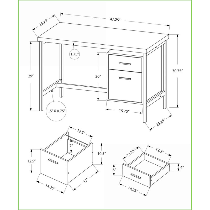 Bureaux: bureau d'ordinateur contemporain de 48 po avec tiroirs de rangement, structure en métal stratifié blanc et gris, configuration réversible | Blanc | Panneau de particules