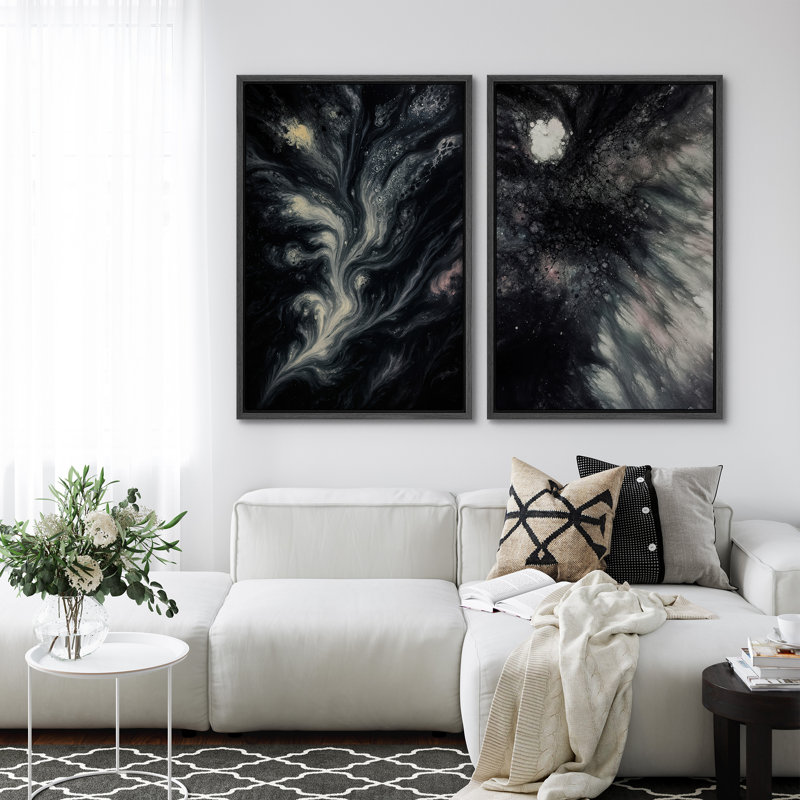 Art mural abstrait, ensemble de 2 reproductions d'art encadrées sur toile, H 24 po x l 32 po, Noir
