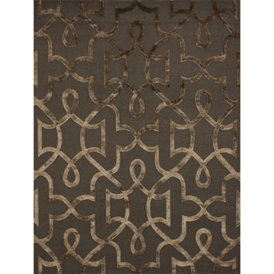 Tapis géométrique rectangulaire en laine / viscose à motif géométrique brun foncé / beige