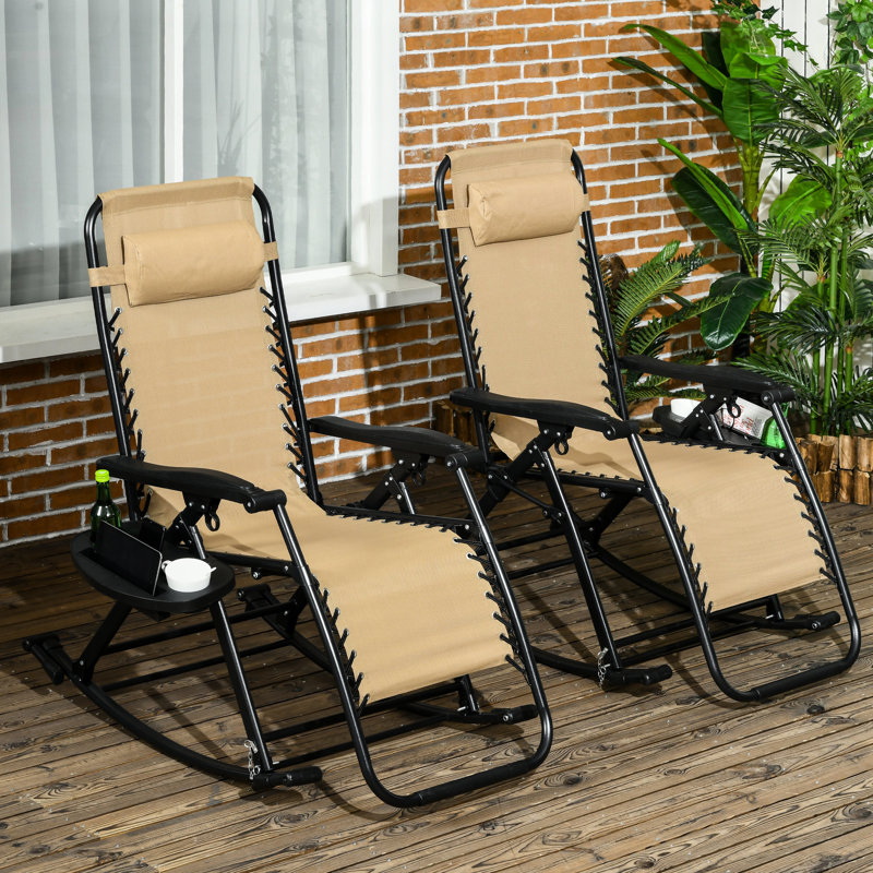 2Pcs Outdoor Rocking Chairs, Foldable Zero Gravity Lounge Rocker With Pillow, Cup & Phone Holder, Beige, Steady Steel Construction, No Assembly Needed For Effortless Mobility 2 Pieces Reclining