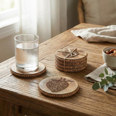 Set Of 4 Beaded Round Strawberry Etched Coasters