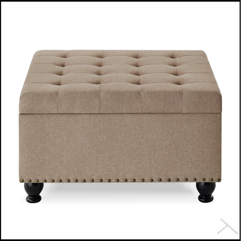 Grand repose-pieds carré avec rangement et pieds en bois, table basse capitonnée à boutons pour des espaces de vie élégants