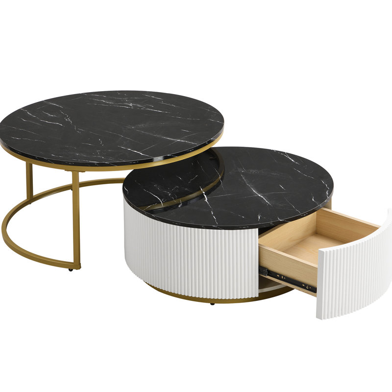 Élégante table basse gigogne noire et dorée avec tiroir - Base cannelée ronde avec rangement, Noir