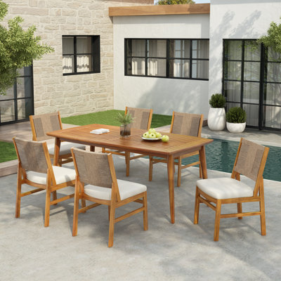 Hera Outdoor 7-Piece Acacia Wood & Wicker Woven Dining Set With Cushions