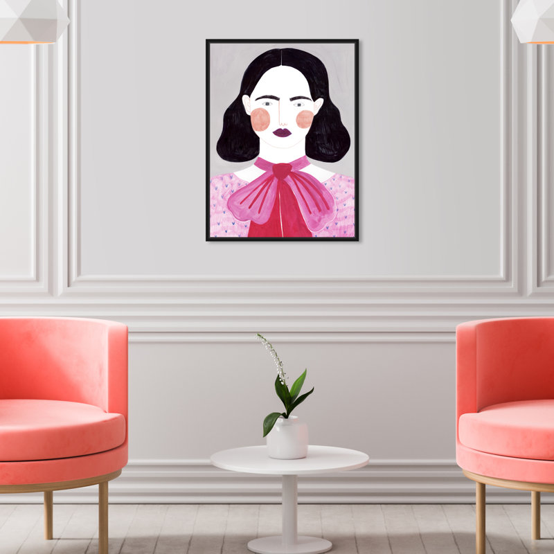 Dame en rose - peinture sur toile, Cadre noir, H 21 po x l 17 po